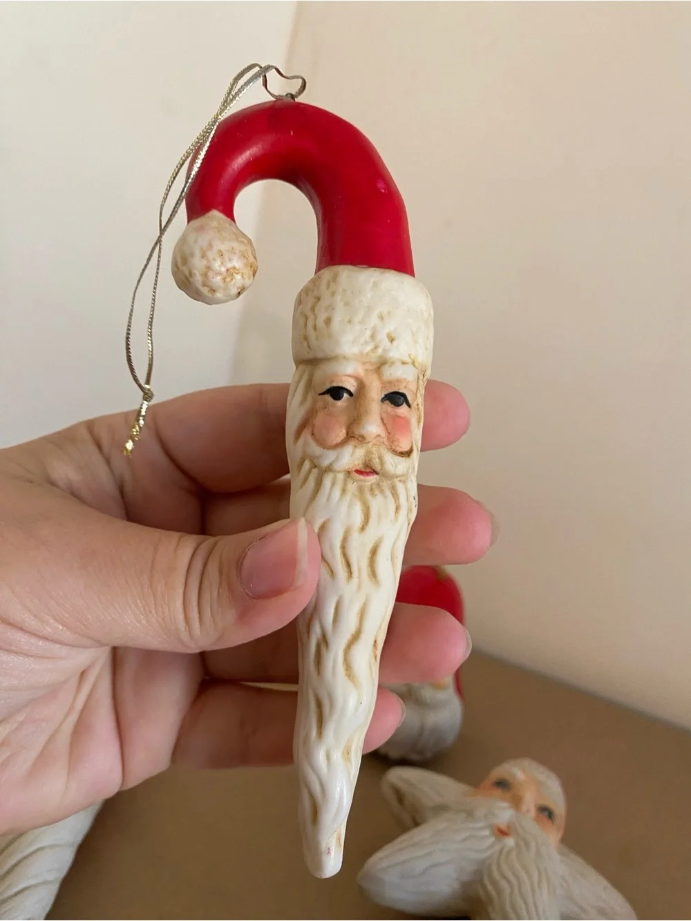 Vintage set of 4 Santa Ornaments - star, bell and icicle shapes, Belsnickle, red